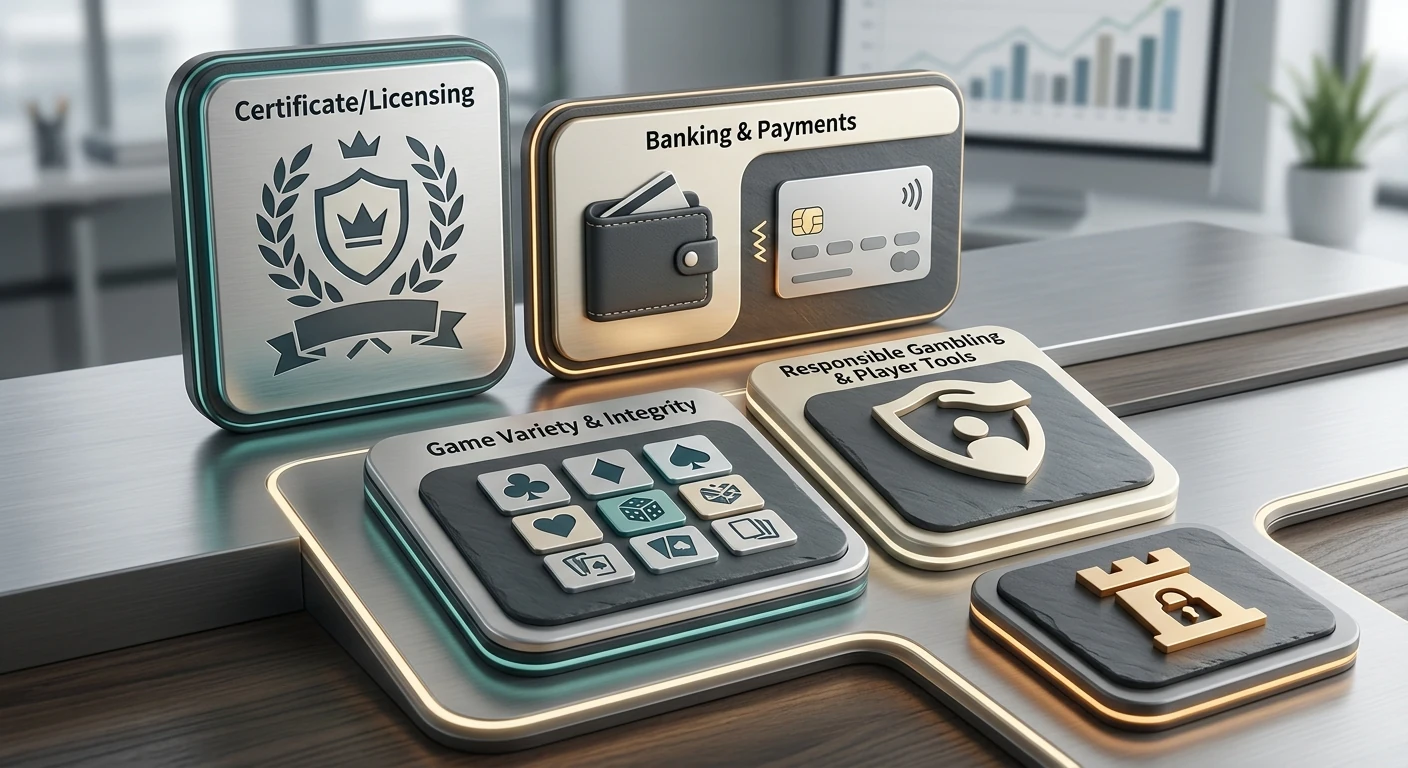 Editorial evidence matrix covering licence, currency, payments, games and verification
