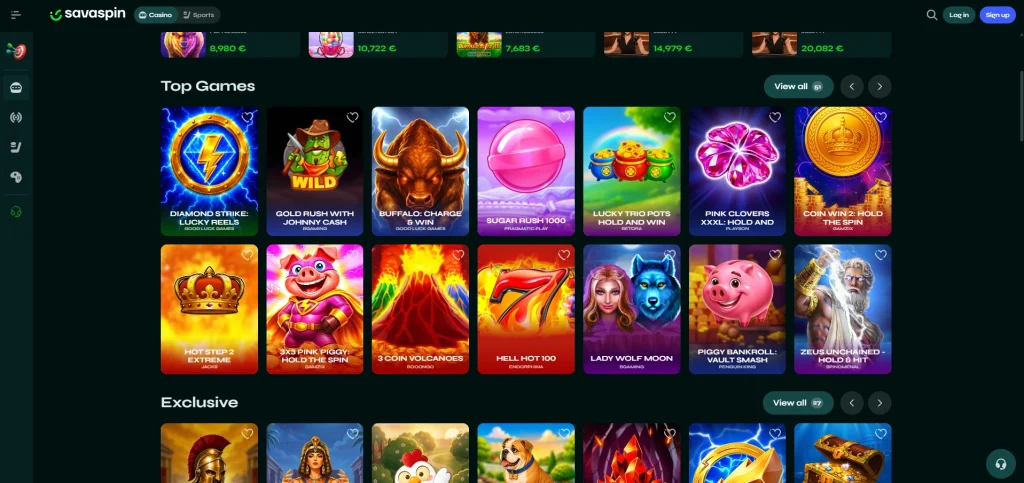 Current Savaspin game lobby showing category navigation and representative casino tiles