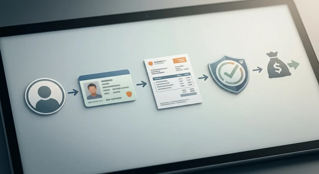 Illustration of an account, identity document, proof of address, review step and withdrawal
