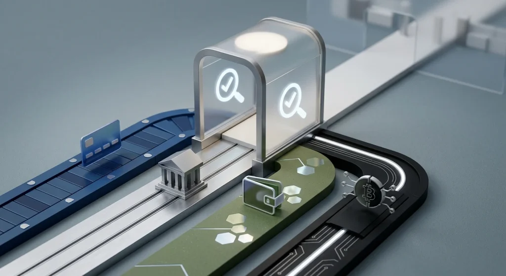 Illustration of card, bank, e-wallet and cryptocurrency payment routes converging on a cashier checkpoint