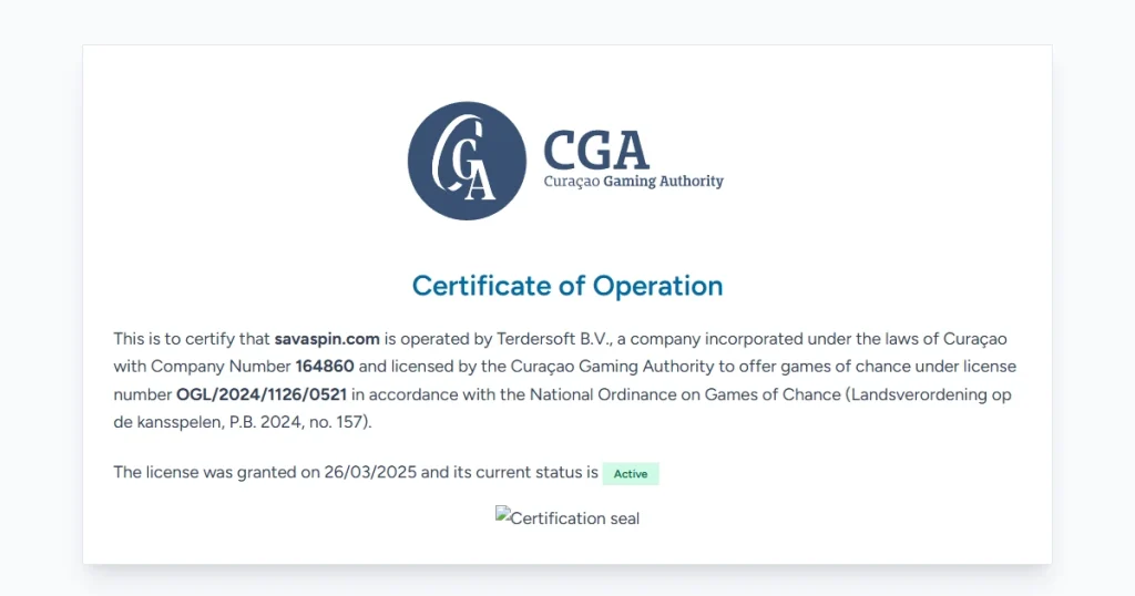 Curaçao Gaming Authority certificate for savaspin.com and Terdersoft B.V.